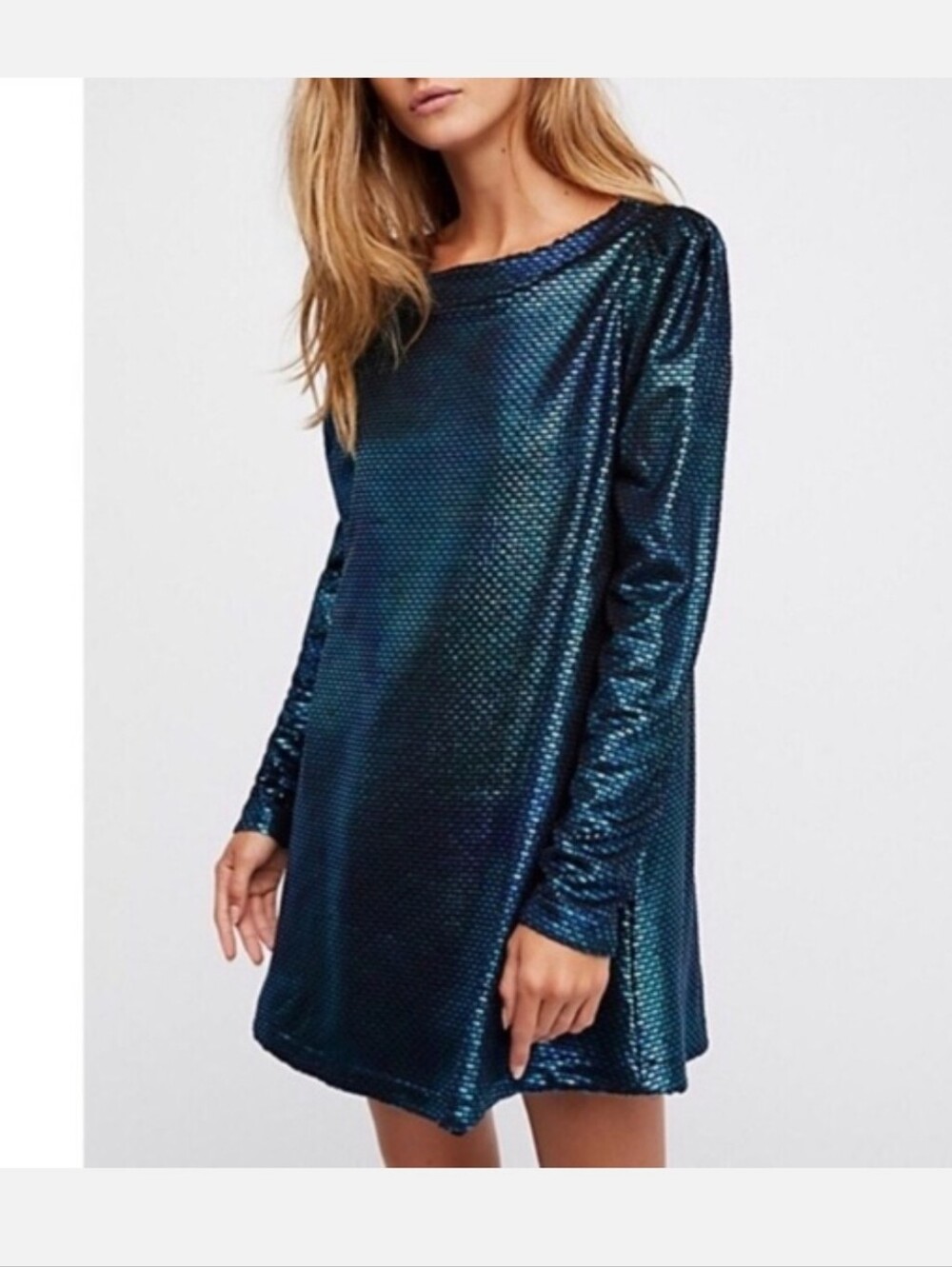 Free People Teal Iridescent Long Sleeve Mini Dress